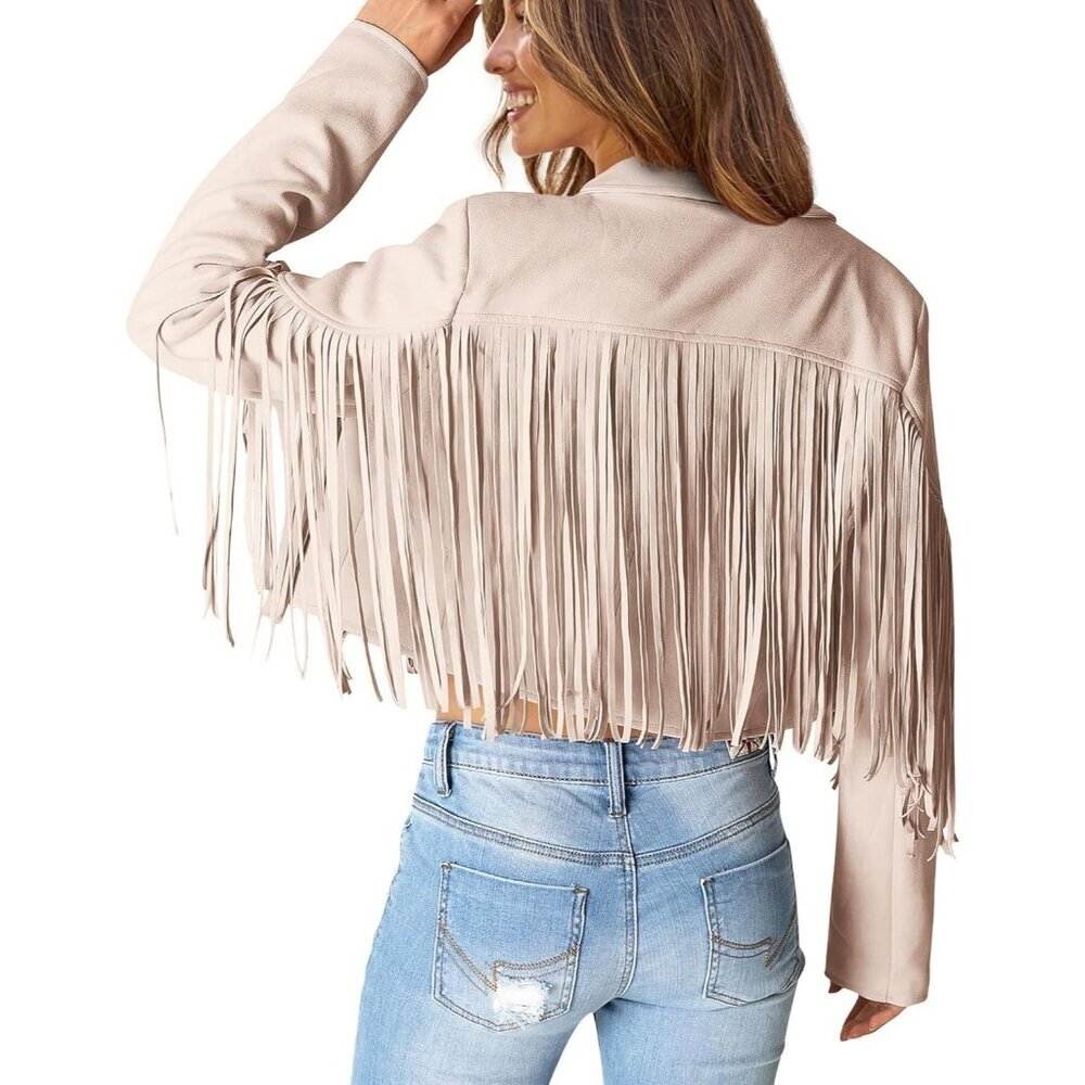 Women's Beige Fringe Faux Suede Leather Jackets Fall Fashion Tassel Motorcycle - Picture 4 of 9